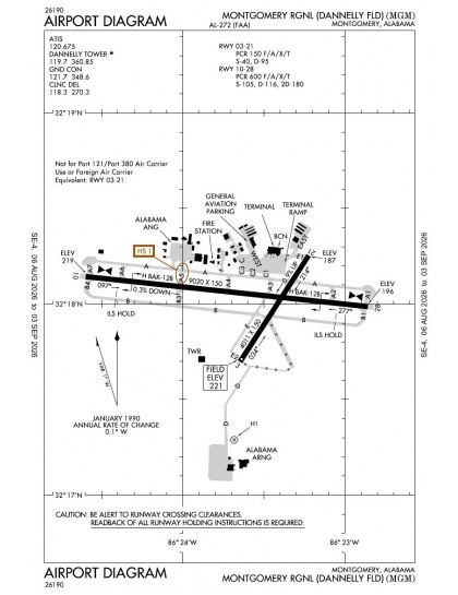 KMGM airport diagram — runways, taxiways and ramp layout