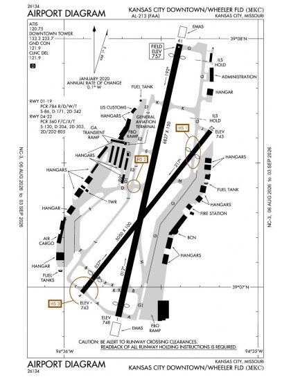 KMKC airport diagram — runways, taxiways and ramp layout