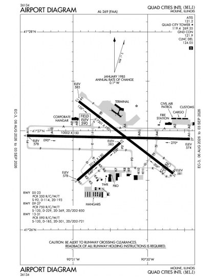 KMLI airport diagram — runways, taxiways and ramp layout