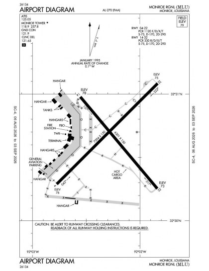 KMLU airport diagram — runways, taxiways and ramp layout