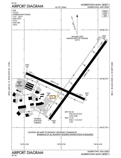 KMMU airport diagram — runways, taxiways and ramp layout