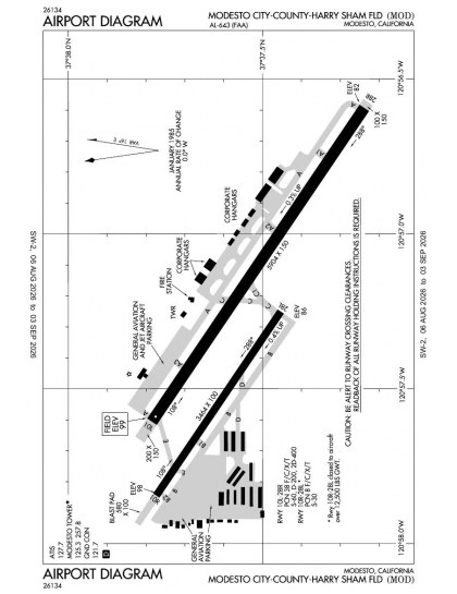 KMOD airport diagram — runways, taxiways and ramp layout