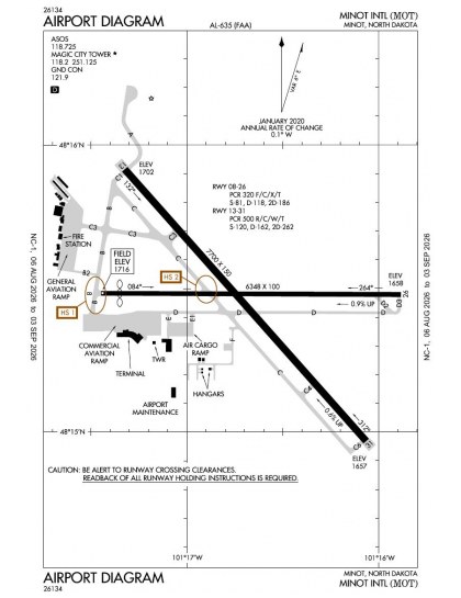 KMOT airport diagram — runways, taxiways and ramp layout