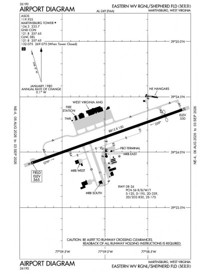 KMRB airport diagram — runways, taxiways and ramp layout