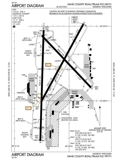 KMSN airport diagram — runways, taxiways and ramp layout