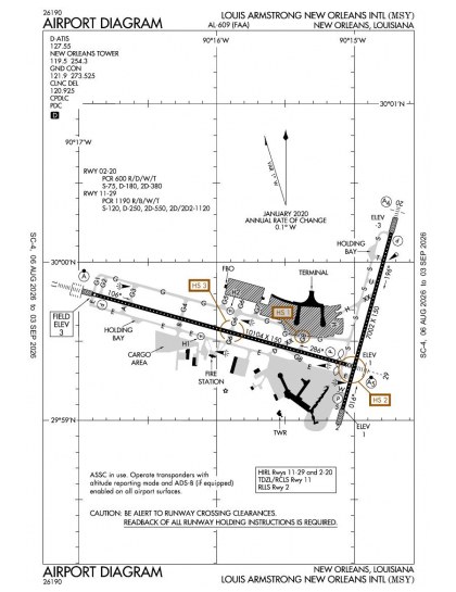 KMSY airport diagram — runways, taxiways and ramp layout