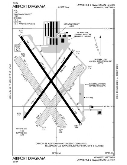 KMWC airport diagram — runways, taxiways and ramp layout