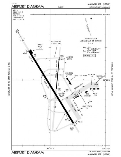 KMXF airport diagram — runways, taxiways and ramp layout