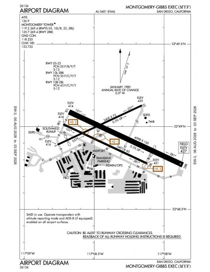 KMYF airport diagram — runways, taxiways and ramp layout