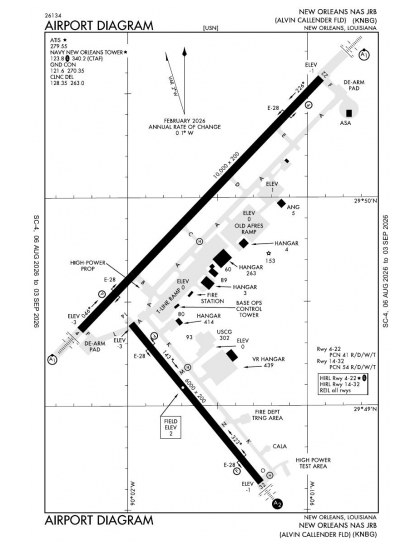 KNBG airport diagram — runways, taxiways and ramp layout