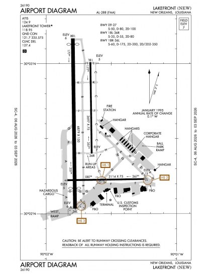 KNEW airport diagram — runways, taxiways and ramp layout