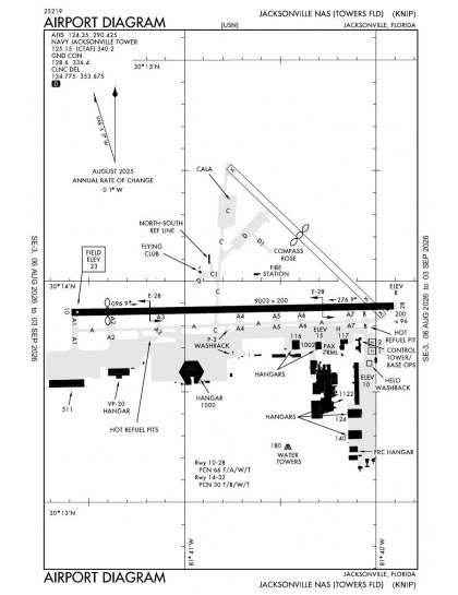 KNIP airport diagram — runways, taxiways and ramp layout