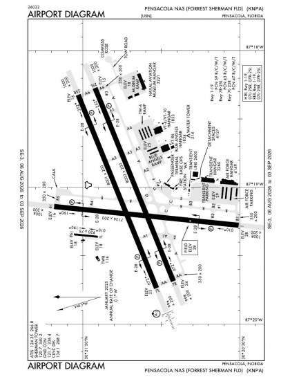 KNPA airport diagram — runways, taxiways and ramp layout