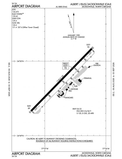 KOAJ airport diagram — runways, taxiways and ramp layout