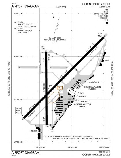 KOGD airport diagram — runways, taxiways and ramp layout