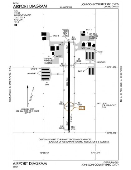 KOJC airport diagram — runways, taxiways and ramp layout