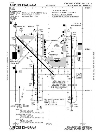 KOKC airport diagram — runways, taxiways and ramp layout