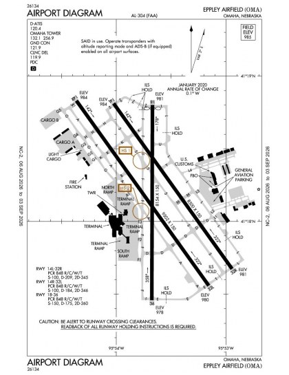 KOMA airport diagram — runways, taxiways and ramp layout
