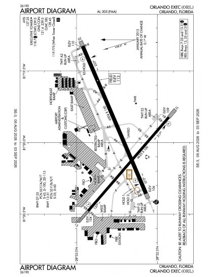 KORL airport diagram — runways, taxiways and ramp layout