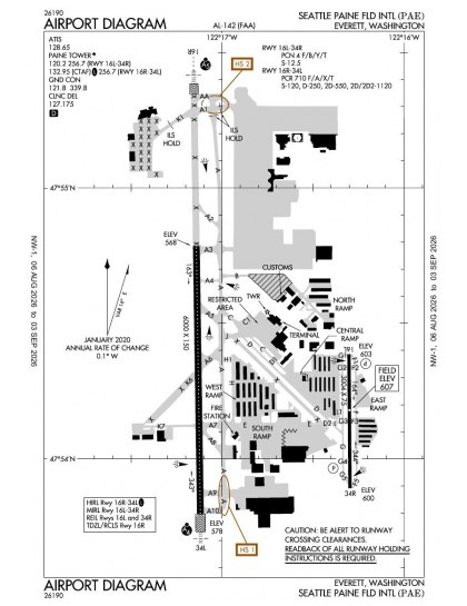 KPAE airport diagram — runways, taxiways and ramp layout