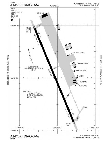 KPBG airport diagram — runways, taxiways and ramp layout