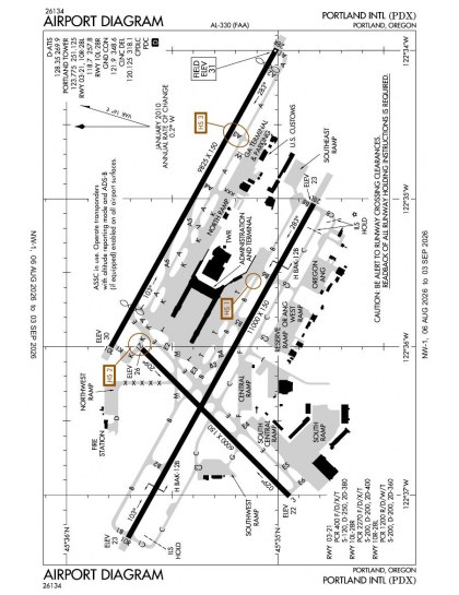 KPDX airport diagram — runways, taxiways and ramp layout