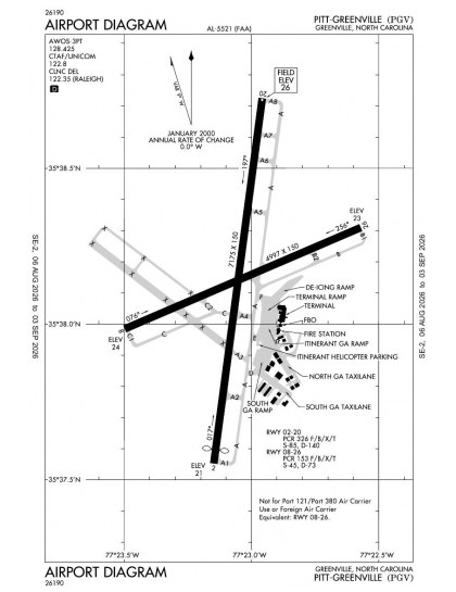 KPGV airport diagram — runways, taxiways and ramp layout