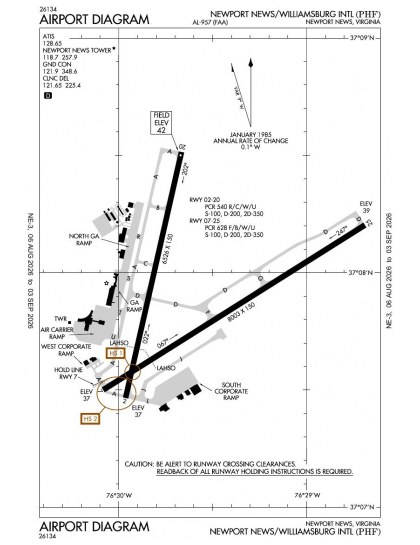 KPHF airport diagram — runways, taxiways and ramp layout
