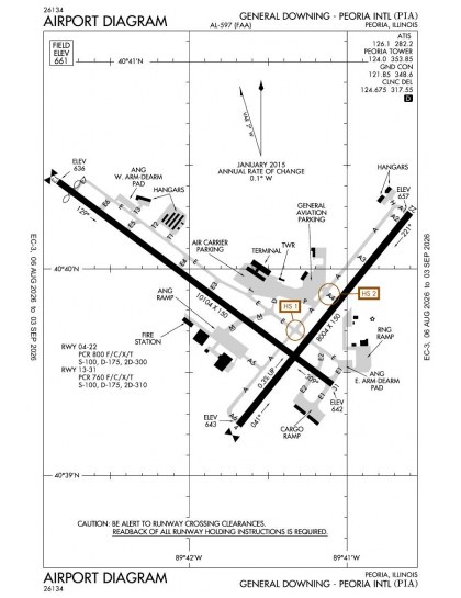 KPIA airport diagram — runways, taxiways and ramp layout