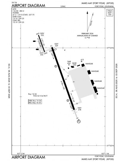 KPOE airport diagram — runways, taxiways and ramp layout
