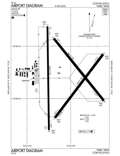KPRX airport diagram — runways, taxiways and ramp layout