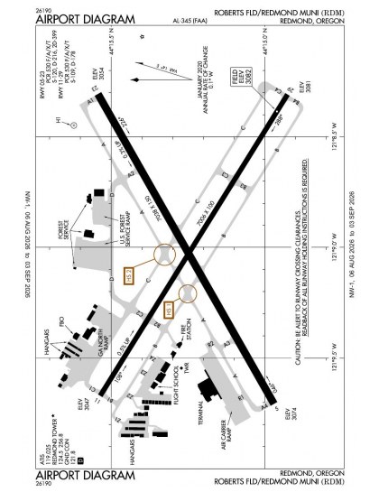 KRDM airport diagram — runways, taxiways and ramp layout