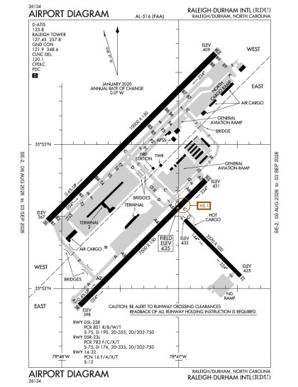 KRDU airport diagram — runways, taxiways and ramp layout