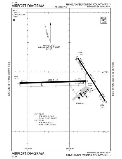 KRHI airport diagram — runways, taxiways and ramp layout