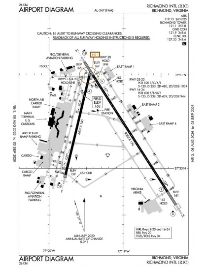 KRIC airport diagram — runways, taxiways and ramp layout