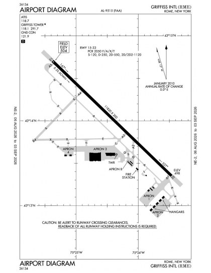 KRME airport diagram — runways, taxiways and ramp layout