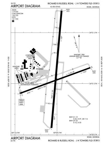 KRMG airport diagram — runways, taxiways and ramp layout