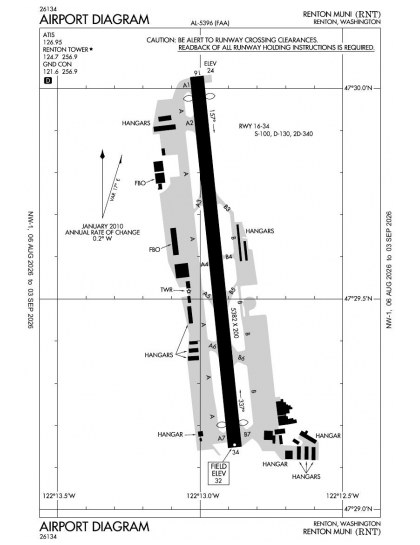 KRNT airport diagram — runways, taxiways and ramp layout