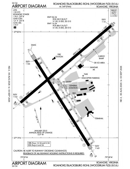 KROA airport diagram — runways, taxiways and ramp layout