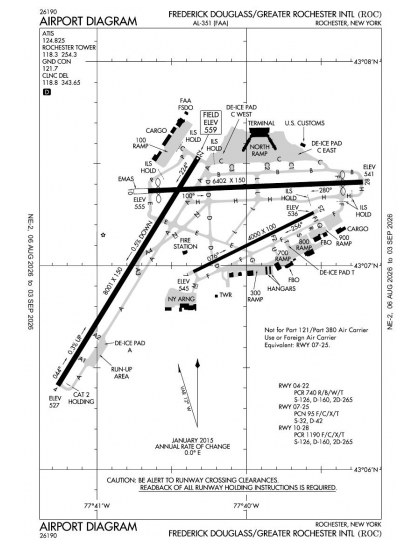 KROC airport diagram — runways, taxiways and ramp layout