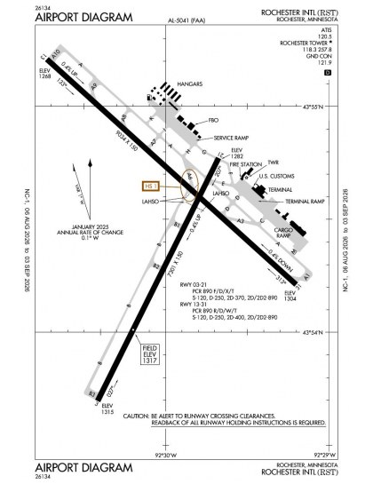 KRST airport diagram — runways, taxiways and ramp layout