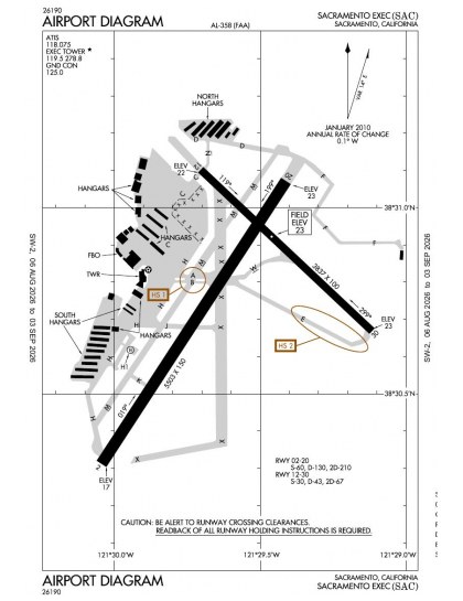 KSAC airport diagram — runways, taxiways and ramp layout