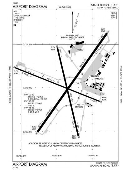 KSAF airport diagram — runways, taxiways and ramp layout