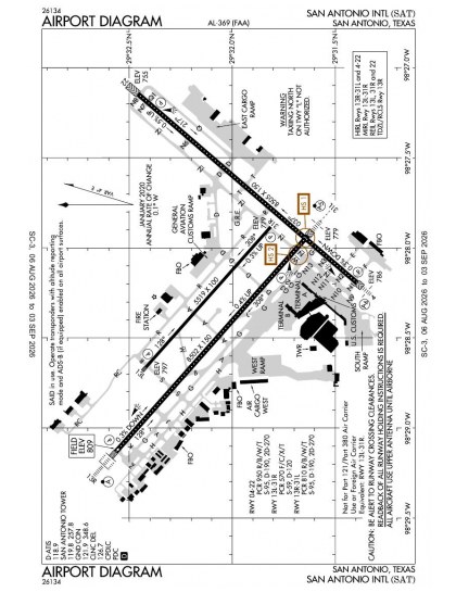 KSAT airport diagram — runways, taxiways and ramp layout