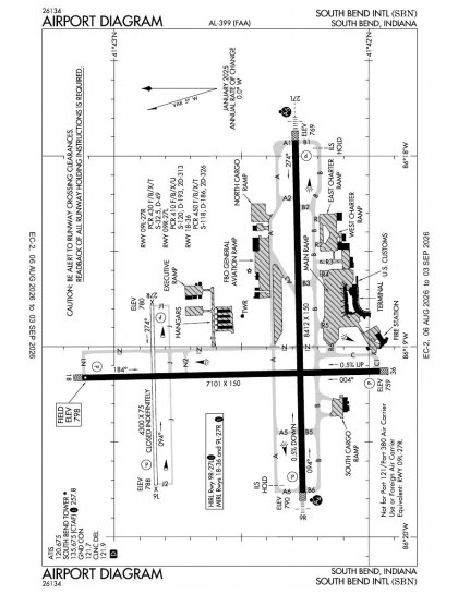 KSBN airport diagram — runways, taxiways and ramp layout