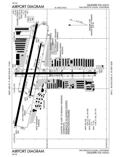 KSEE airport diagram — runways, taxiways and ramp layout