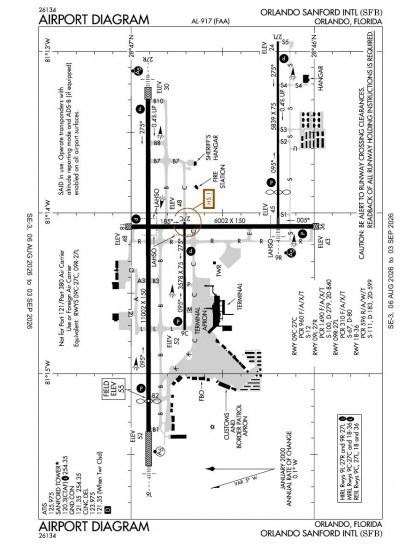 KSFB airport diagram — runways, taxiways and ramp layout
