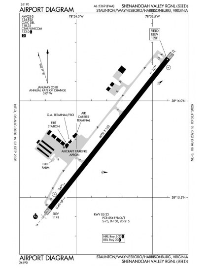 KSHD airport diagram — runways, taxiways and ramp layout