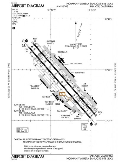 KSJC airport diagram — runways, taxiways and ramp layout