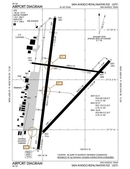 KSJT airport diagram — runways, taxiways and ramp layout